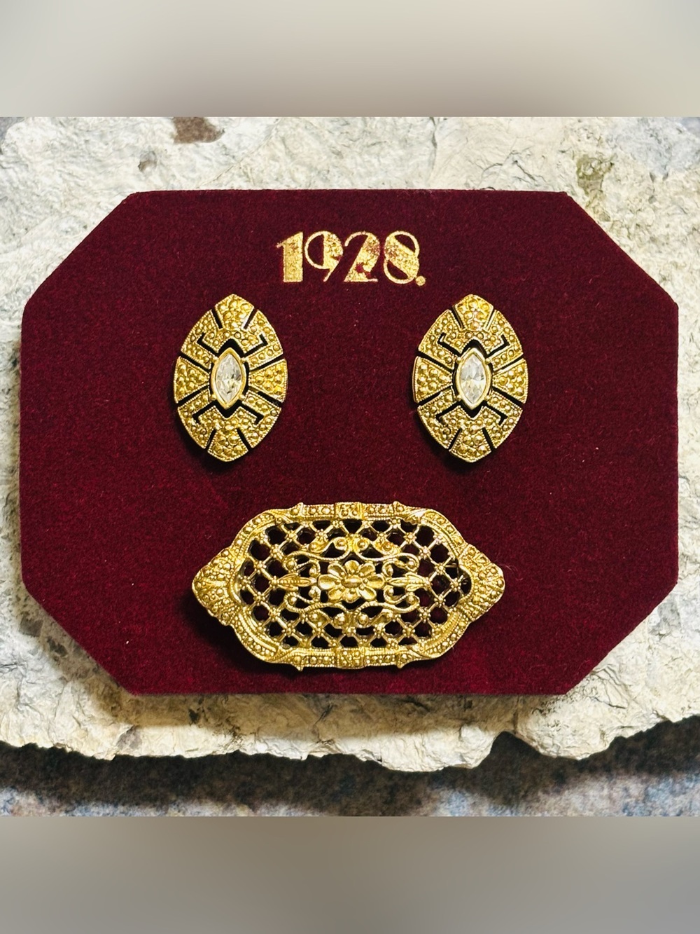 1928 Gold Tone Filigree Brooch and Earring Set